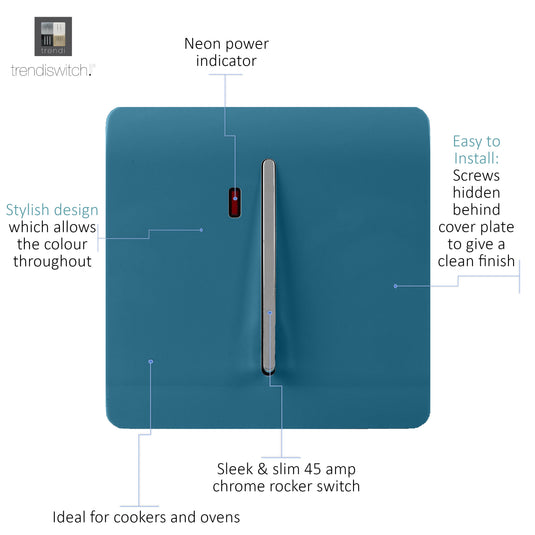 Trendi Switch ART-WHS1OB, Artistic Modern 20 Amp Neon Insert Double Pole Switch Ocean Blue Finish, BRITISH MADE, (25mm Back Box Required), 5yrs Warranty - 54315