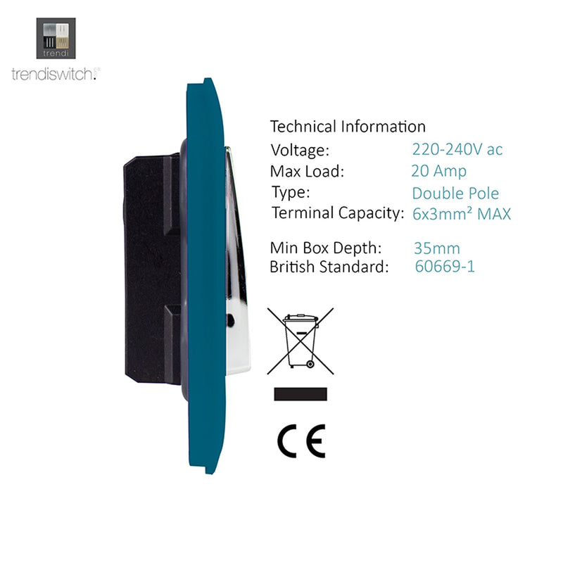 Load image into Gallery viewer, Trendi Switch ART-WHS1OB, Artistic Modern 20 Amp Neon Insert Double Pole Switch Ocean Blue Finish, BRITISH MADE, (25mm Back Box Required), 5yrs Warranty - 54315
