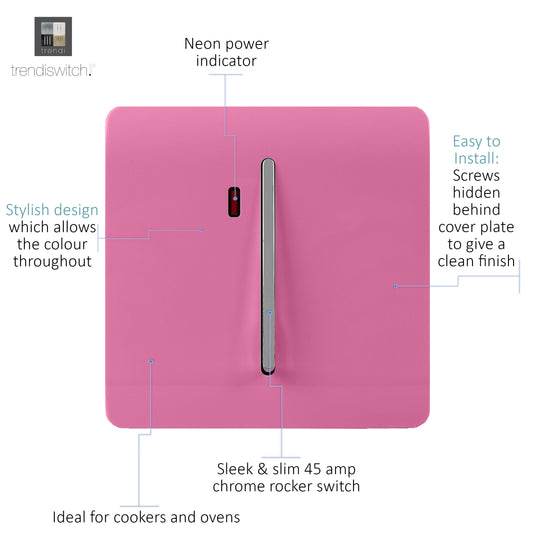 Trendi Switch ART-WHS2PK, Artistic Modern 45 Amp Neon Insert Double Pole Switch Pink Finish, BRITISH MADE, (35mm Back Box Required), 5yrs Warranty - 54353