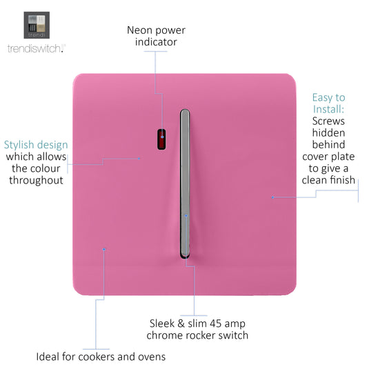 Trendi Switch ART-WHS1PK, Artistic Modern 20 Amp Neon Insert Double Pole Switch Pink Finish, BRITISH MADE, (25mm Back Box Required), 5yrs Warranty - 54317