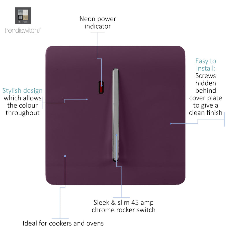 Load image into Gallery viewer, Trendi Switch ART-WHS1PL, Artistic Modern 20 Amp Neon Insert Double Pole Switch Plum Finish, BRITISH MADE, (25mm Back Box Required), 5yrs Warranty - 54318
