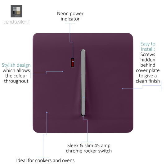 Trendi Switch ART-WHS1PL, Artistic Modern 20 Amp Neon Insert Double Pole Switch Plum Finish, BRITISH MADE, (25mm Back Box Required), 5yrs Warranty - 54318