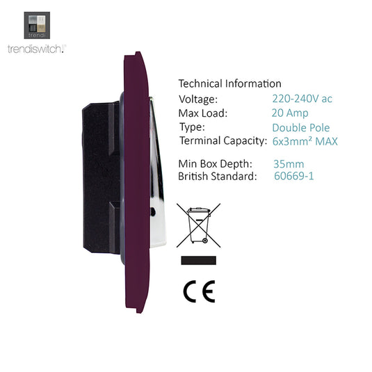 Trendi Switch ART-WHS2PL, Artistic Modern 45 Amp Neon Insert Double Pole Switch Plum Finish, BRITISH MADE, (35mm Back Box Required), 5yrs Warranty - 54354