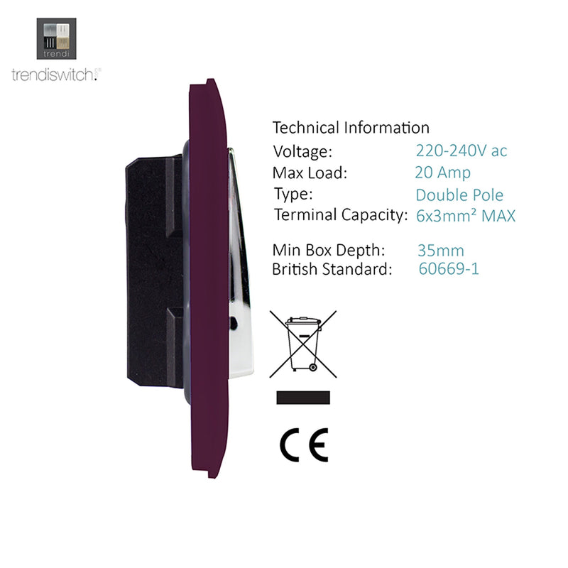 Load image into Gallery viewer, Trendi Switch ART-WHS1PL, Artistic Modern 20 Amp Neon Insert Double Pole Switch Plum Finish, BRITISH MADE, (25mm Back Box Required), 5yrs Warranty - 54318
