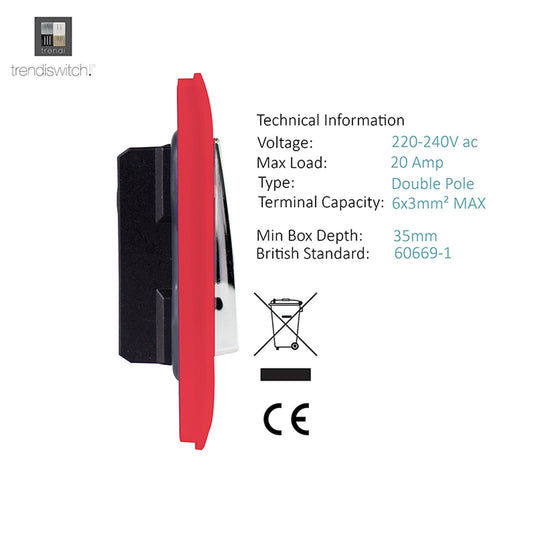 Trendi Switch ART-WHS2SB, Artistic Modern 45 Amp Neon Insert Double Pole Switch Strawberry Finish, BRITISH MADE, (35mm Back Box Required), 5yrs Warranty - 54355