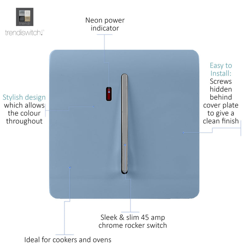 Load image into Gallery viewer, Trendi Switch ART-WHS1SK, Artistic Modern 20 Amp Neon Insert Double Pole Switch Sky Finish, BRITISH MADE, (25mm Back Box Required), 5yrs Warranty - 54320
