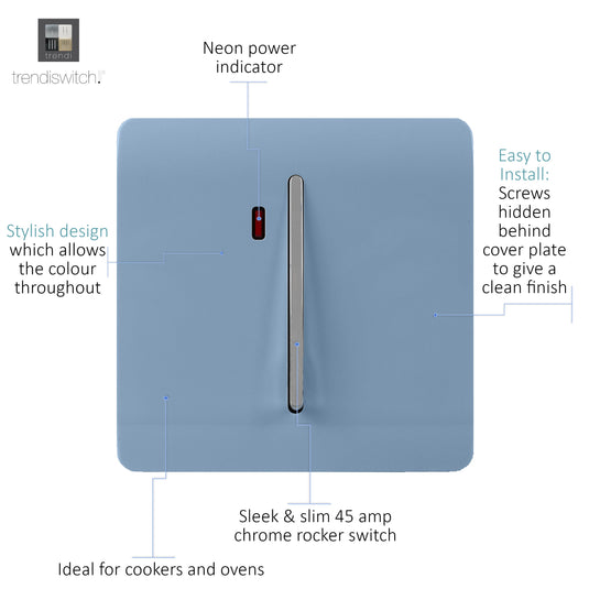 Trendi Switch ART-WHS1SK, Artistic Modern 20 Amp Neon Insert Double Pole Switch Sky Finish, BRITISH MADE, (25mm Back Box Required), 5yrs Warranty - 54320