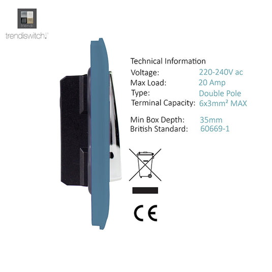 Trendi Switch ART-WHS1SK, Artistic Modern 20 Amp Neon Insert Double Pole Switch Sky Finish, BRITISH MADE, (25mm Back Box Required), 5yrs Warranty - 54320