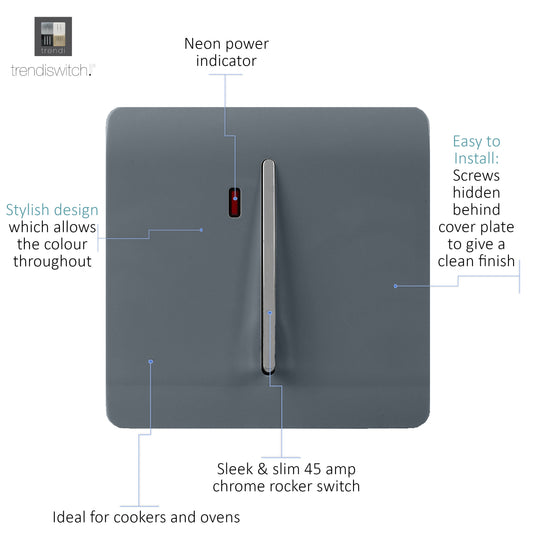 Trendi Switch ART-WHS1WG, Artistic Modern 20 Amp Neon Insert Double Pole Switch Warm Grey Finish, BRITISH MADE, (25mm Back Box Required), 5yrs Warranty - 54321