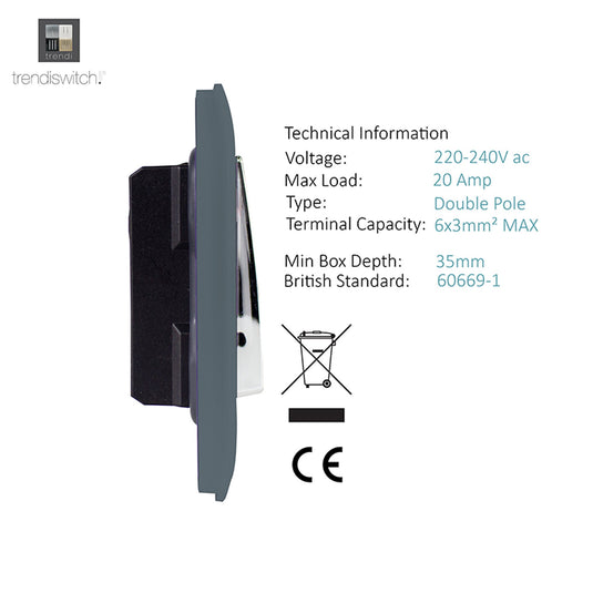 Trendi Switch ART-WHS2WG, Artistic Modern 45 Amp Neon Insert Double Pole Switch Warm Grey Finish, BRITISH MADE, (35mm Back Box Required), 5yrs Warranty - 54357