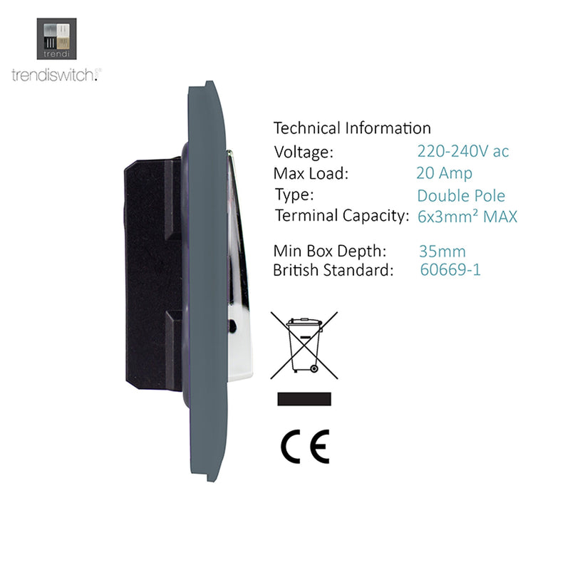 Load image into Gallery viewer, Trendi Switch ART-WHS1WG, Artistic Modern 20 Amp Neon Insert Double Pole Switch Warm Grey Finish, BRITISH MADE, (25mm Back Box Required), 5yrs Warranty - 54321
