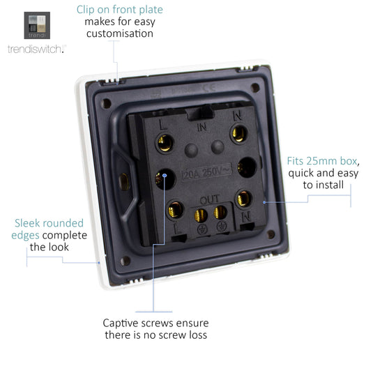Trendi Switch ART-WHS1CG, Artistic Modern 20 Amp Neon Insert Double Pole Switch Cool Grey Finish, BRITISH MADE, (25mm Back Box Required), 5yrs Warranty - 54306