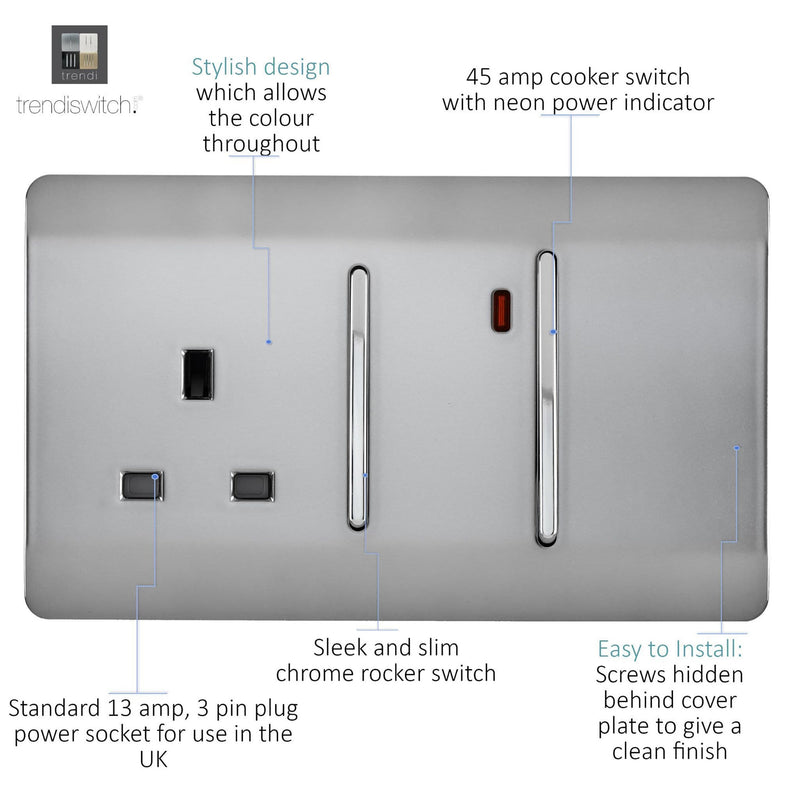 Load image into Gallery viewer, Trendi Switch ART-WHS213BS, Artistic Modern Cooker Control Panel 13amp with 45amp Switch Brushed Steel Finish, BRITISH MADE, (47mm Back Box Required), 5yrs Warranty - 54322

