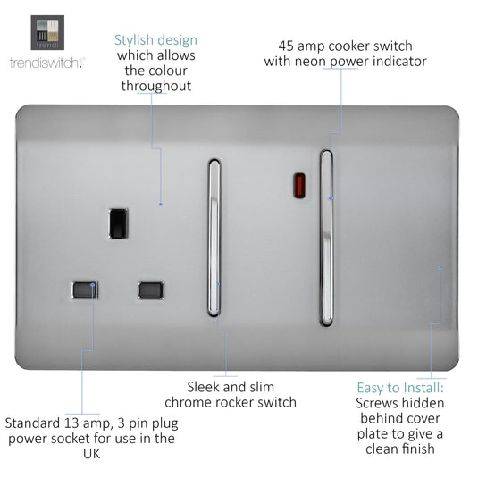 Trendi Switch ART-WHS213BS, Artistic Modern Cooker Control Panel 13amp with 45amp Switch Brushed Steel Finish, BRITISH MADE, (47mm Back Box Required), 5yrs Warranty - 54322