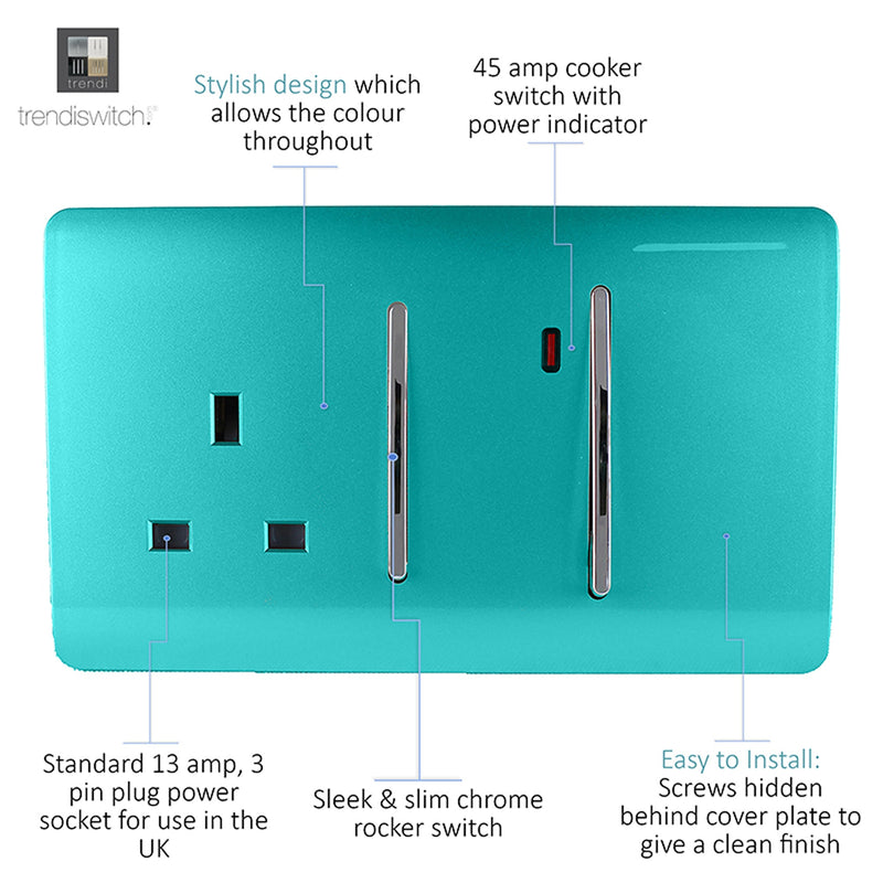 Load image into Gallery viewer, Trendi Switch ART-WHS213BT, Artistic Modern Cooker Control Panel 13amp with 45amp Switch Bright Teal Finish, BRITISH MADE, (47mm Back Box Required), 5yrs Warranty - 54323
