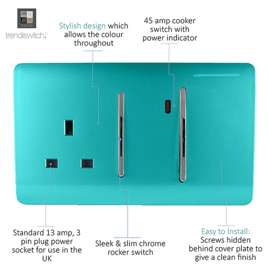 Trendi Switch ART-WHS213BT, Artistic Modern Cooker Control Panel 13amp with 45amp Switch Bright Teal Finish, BRITISH MADE, (47mm Back Box Required), 5yrs Warranty - 54323