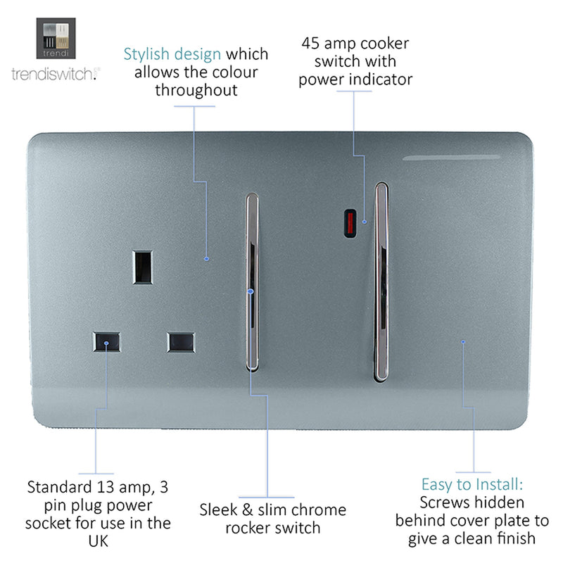 Load image into Gallery viewer, Trendi Switch ART-WHS213CG, Artistic Modern Cooker Control Panel 13amp with 45amp Switch Cool Grey Finish, BRITISH MADE, (47mm Back Box Required), 5yrs Warranty - 54324
