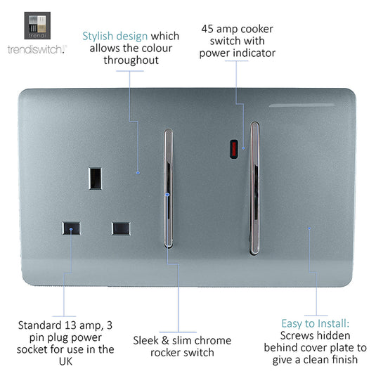 Trendi Switch ART-WHS213CG, Artistic Modern Cooker Control Panel 13amp with 45amp Switch Cool Grey Finish, BRITISH MADE, (47mm Back Box Required), 5yrs Warranty - 54324