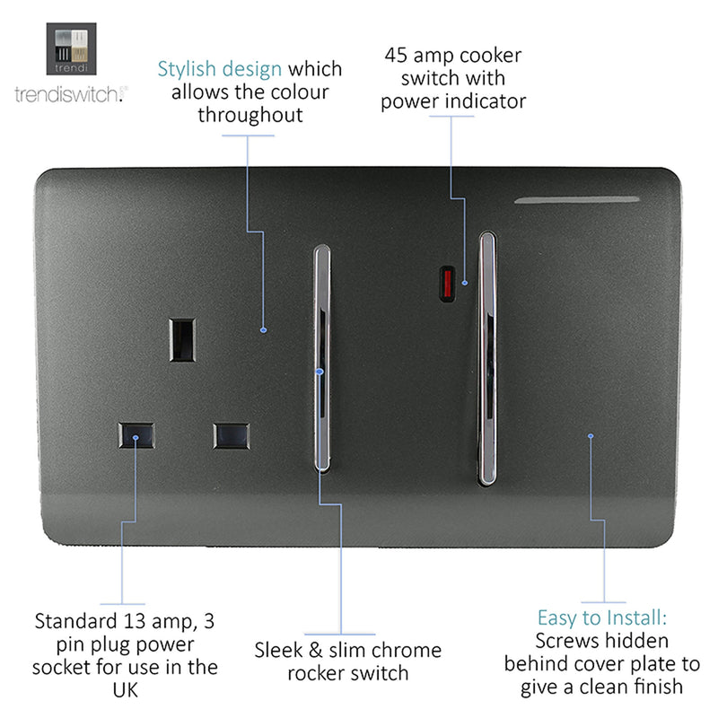 Load image into Gallery viewer, Trendi Switch ART-WHS213CH, Artistic Modern Cooker Control Panel 13amp with 45amp Switch Charcoal Finish, BRITISH MADE, (47mm Back Box Required), 5yrs Warranty - 54325

