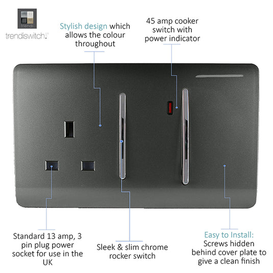 Trendi Switch ART-WHS213CH, Artistic Modern Cooker Control Panel 13amp with 45amp Switch Charcoal Finish, BRITISH MADE, (47mm Back Box Required), 5yrs Warranty - 54325