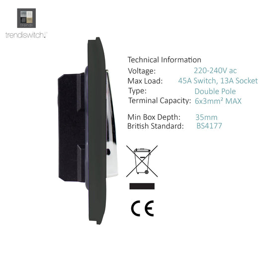 Trendi Switch ART-WHS213CH, Artistic Modern Cooker Control Panel 13amp with 45amp Switch Charcoal Finish, BRITISH MADE, (47mm Back Box Required), 5yrs Warranty - 54325