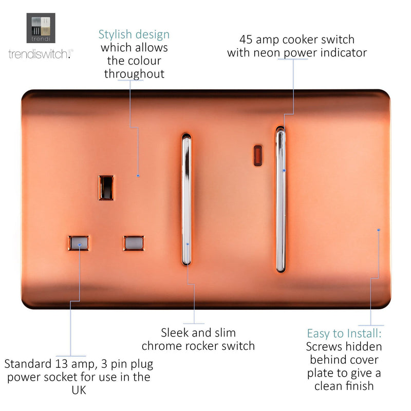 Load image into Gallery viewer, Trendi Switch ART-WHS213CPR, Artistic Modern Cooker Control Panel 13amp with 45amp Switch Copper Finish, BRITISH MADE, (47mm Back Box Required), 5yrs Warranty - 54326
