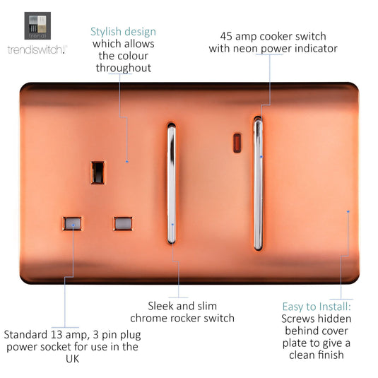 Trendi Switch ART-WHS213CPR, Artistic Modern Cooker Control Panel 13amp with 45amp Switch Copper Finish, BRITISH MADE, (47mm Back Box Required), 5yrs Warranty - 54326