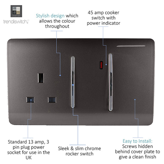 Trendi Switch ART-WHS213DB, Artistic Modern Cooker Control Panel 13amp with 45amp Switch Dark Brown Finish, BRITISH MADE, (47mm Back Box Required), 5yrs Warranty - 54327