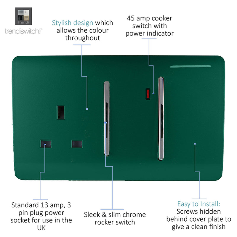 Load image into Gallery viewer, Trendi Switch ART-WHS213DG, Artistic Modern Cooker Control Panel 13amp with 45amp Switch Dark Green Finish, BRITISH MADE, (47mm Back Box Required), 5yrs Warranty - 54328
