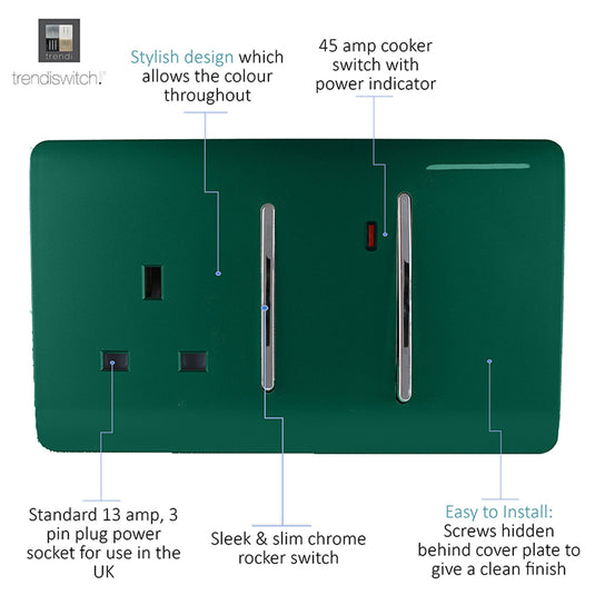 Trendi Switch ART-WHS213DG, Artistic Modern Cooker Control Panel 13amp with 45amp Switch Dark Green Finish, BRITISH MADE, (47mm Back Box Required), 5yrs Warranty - 54328