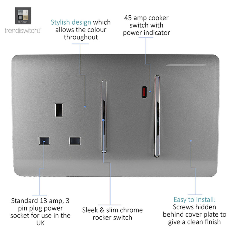 Load image into Gallery viewer, Trendi Switch ART-WHS213LG, Artistic Modern Cooker Control Panel 13amp with 45amp Switch Light Grey Finish, BRITISH MADE, (47mm Back Box Required), 5yrs Warranty - 54329
