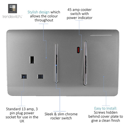 Trendi Switch ART-WHS213LG, Artistic Modern Cooker Control Panel 13amp with 45amp Switch Light Grey Finish, BRITISH MADE, (47mm Back Box Required), 5yrs Warranty - 54329