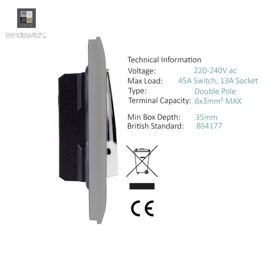 Trendi Switch ART-WHS213LG, Artistic Modern Cooker Control Panel 13amp with 45amp Switch Light Grey Finish, BRITISH MADE, (47mm Back Box Required), 5yrs Warranty - 54329