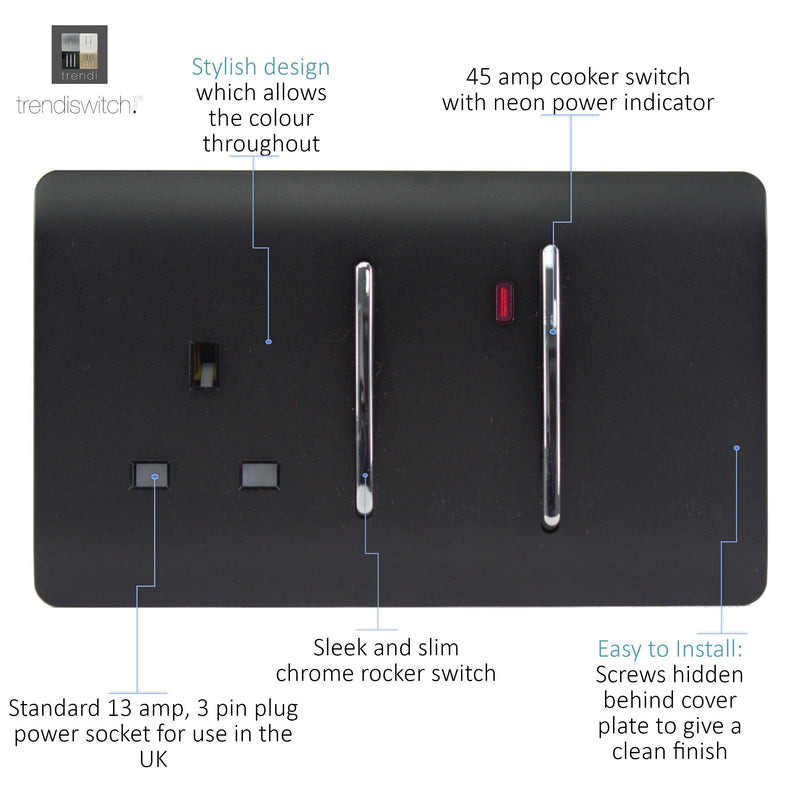 Load image into Gallery viewer, Trendi Switch ART-WHS213MBK, Artistic Modern Cooker Control Panel 13amp with 45amp Switch Matt Black Finish, BRITISH MADE, (47mm Back Box Required), 5yrs Warranty - 43962
