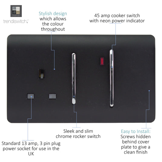 Trendi Switch ART-WHS213MBK, Artistic Modern Cooker Control Panel 13amp with 45amp Switch Matt Black Finish, BRITISH MADE, (47mm Back Box Required), 5yrs Warranty - 43962
