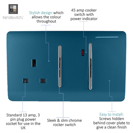 Trendi Switch ART-WHS213MD, Artistic Modern Cooker Control Panel 13amp with 45amp Switch Midnight Blue Finish, BRITISH MADE, (47mm Back Box Required), 5yrs Warranty - 54330