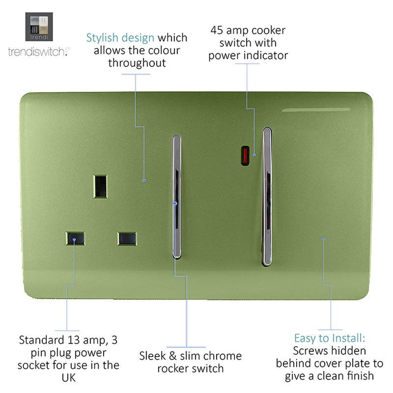 Load image into Gallery viewer, Trendi Switch ART-WHS213MG, Artistic Modern Cooker Control Panel 13amp with 45amp Switch Moss Green Finish, BRITISH MADE, (47mm Back Box Required), 5yrs Warranty - 54331
