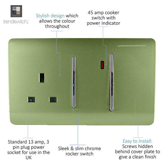 Trendi Switch ART-WHS213MG, Artistic Modern Cooker Control Panel 13amp with 45amp Switch Moss Green Finish, BRITISH MADE, (47mm Back Box Required), 5yrs Warranty - 54331