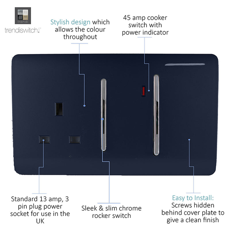 Load image into Gallery viewer, Trendi Switch ART-WHS213NV, Artistic Modern Cooker Control Panel 13amp with 45amp Switch Navy Blue Finish, BRITISH MADE, (47mm Back Box Required), 5yrs Warranty - 54332
