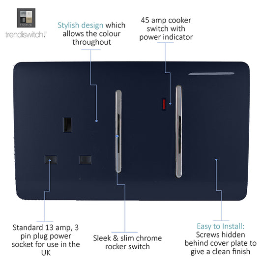 Trendi Switch ART-WHS213NV, Artistic Modern Cooker Control Panel 13amp with 45amp Switch Navy Blue Finish, BRITISH MADE, (47mm Back Box Required), 5yrs Warranty - 54332