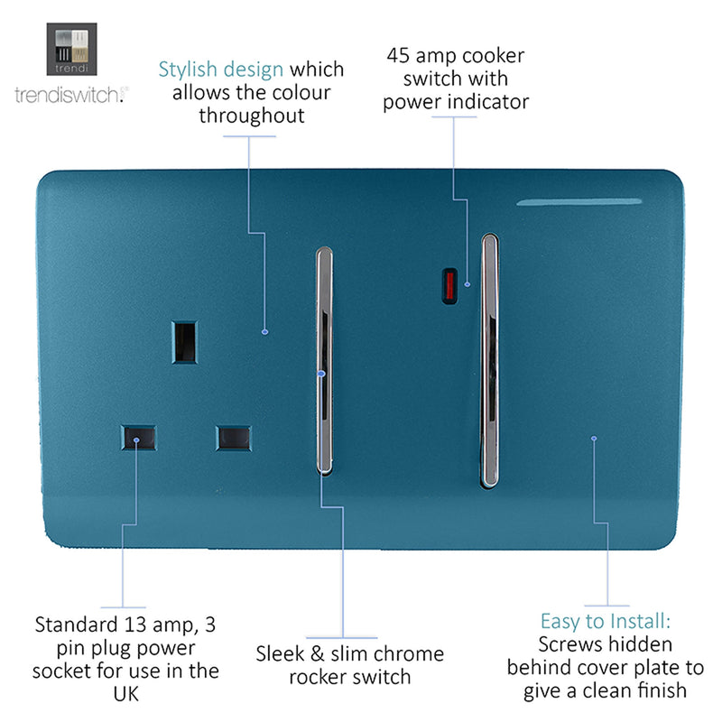 Load image into Gallery viewer, Trendi Switch ART-WHS213OB, Artistic Modern Cooker Control Panel 13amp with 45amp Switch Ocean Blue Finish, BRITISH MADE, (47mm Back Box Required), 5yrs Warranty - 54333
