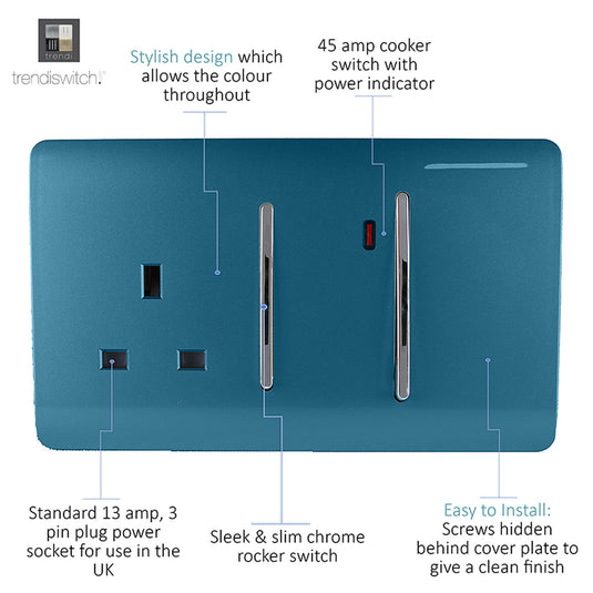 Trendi Switch ART-WHS213OB, Artistic Modern Cooker Control Panel 13amp with 45amp Switch Ocean Blue Finish, BRITISH MADE, (47mm Back Box Required), 5yrs Warranty - 54333