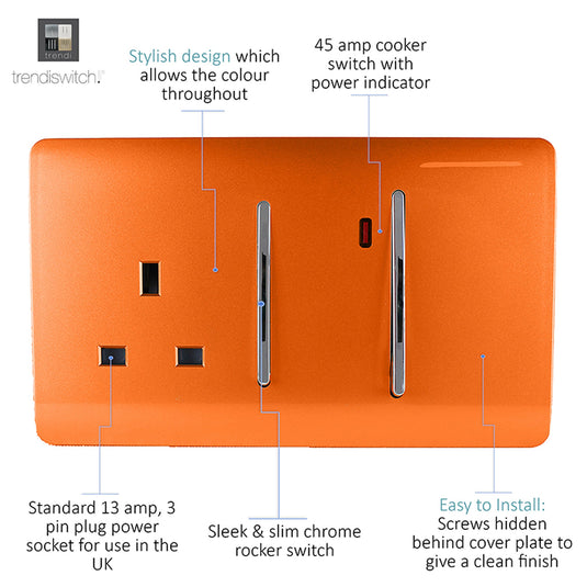 Trendi Switch ART-WHS213OR, Artistic Modern Cooker Control Panel 13amp with 45amp Switch Orange Finish, BRITISH MADE, (47mm Back Box Required), 5yrs Warranty - 54334