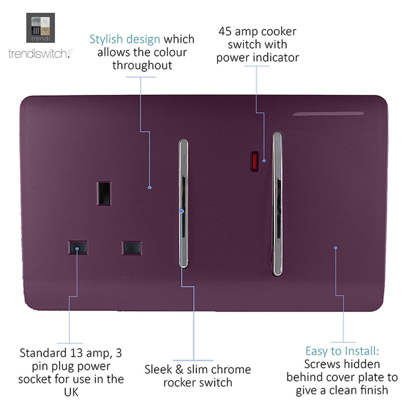 Load image into Gallery viewer, Trendi Switch ART-WHS213PL, Artistic Modern Cooker Control Panel 13amp with 45amp Switch Plum Finish, BRITISH MADE, (47mm Back Box Required), 5yrs Warranty - 54336
