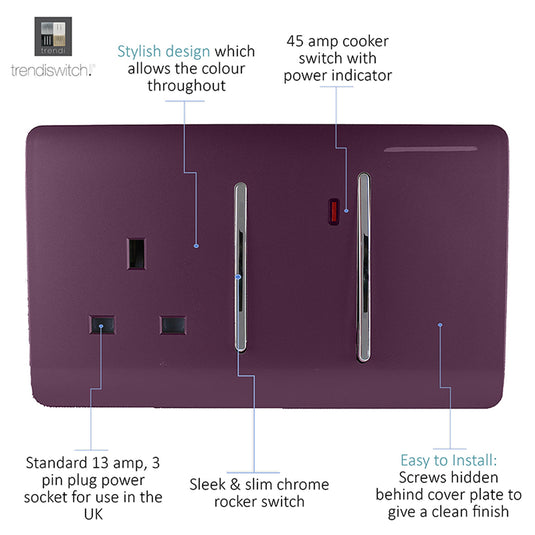 Trendi Switch ART-WHS213PL, Artistic Modern Cooker Control Panel 13amp with 45amp Switch Plum Finish, BRITISH MADE, (47mm Back Box Required), 5yrs Warranty - 54336