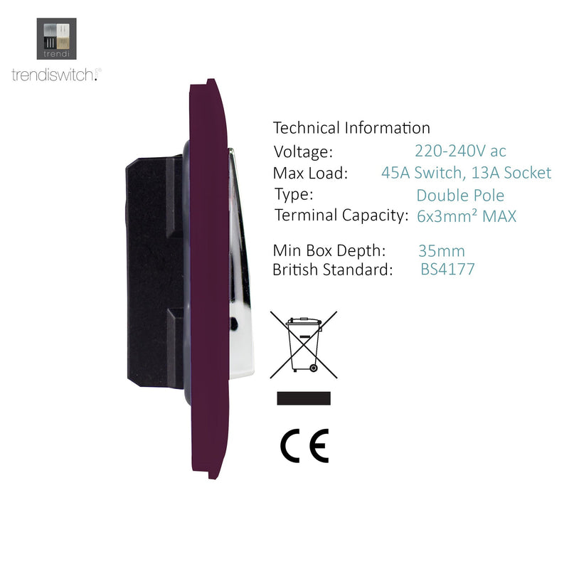 Load image into Gallery viewer, Trendi Switch ART-WHS213PL, Artistic Modern Cooker Control Panel 13amp with 45amp Switch Plum Finish, BRITISH MADE, (47mm Back Box Required), 5yrs Warranty - 54336
