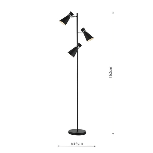 Dar Lighting ASH4922 Ashworth 3 Light Floor Lamp Matt Black & Polished Chrome - 21815