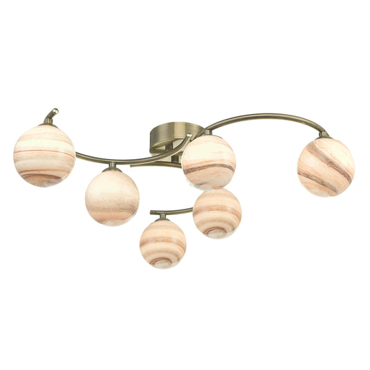 Dar Lighting ATI6475-07 Atiya 6 Light Semi Flush Ceiling Light Antique Brass With Planet Art Glass - 34905