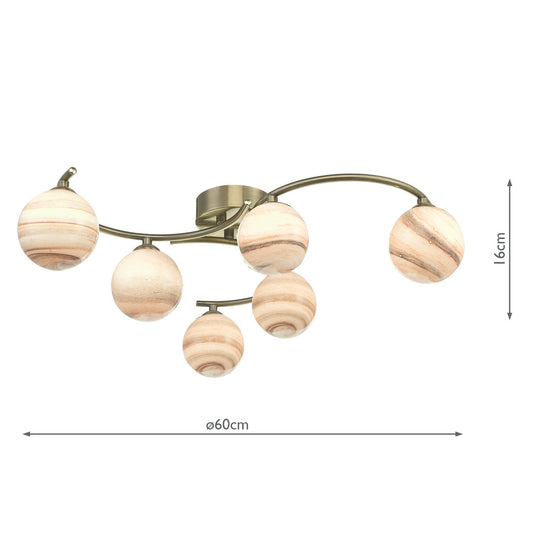 Dar Lighting ATI6475-07 Atiya 6 Light Semi Flush Ceiling Light Antique Brass With Planet Art Glass - 34905