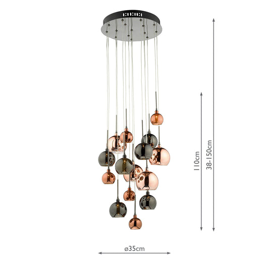 Dar Lighting AUR1564 Aurelia 15 Light Cluster Pendant with Copper & Bronze Glass Shades - 21738